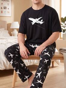 Plus Size Men's Travel Style Airplane Print Pajama Set "Fly High" Theme Short Sleeve Top + Long Pants Comfortable Home Sleepwear - Black - View 1