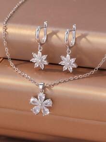 3pcs/Set Exquisite High-End Design Zirconia Inlaid Flower Pendant Necklace & Gold Earrings/Flower Necklace Set Women's Jewelry Accessories Party Decoration Gift - Silver - View 14