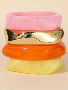 1pc/4pcs Girls Asymmetrical Resin & Metal Spliced Bracelet, Colorblock Square Wide Cuff, Vintage Hand Jewelry - Multicolor - View 1