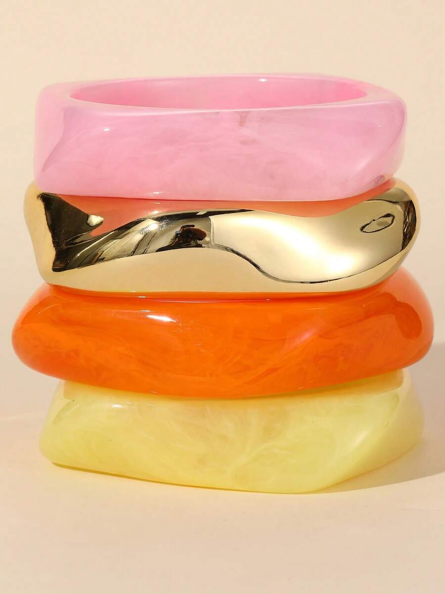 1pc/4pcs Girls Asymmetrical Resin & Metal Spliced Bracelet, Colorblock Square Wide Cuff, Vintage Hand Jewelry - Multicolor - View 1