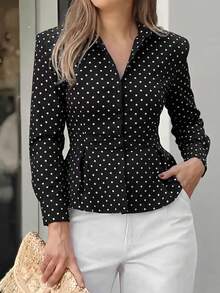 Unadoll Women's Autumn Black Polka Dot Ruffle Trim Blouse, Elegant Long Sleeve Slim Fit Shirt, Fashionable For Commuting, Office And Back To School - Black - View 3
