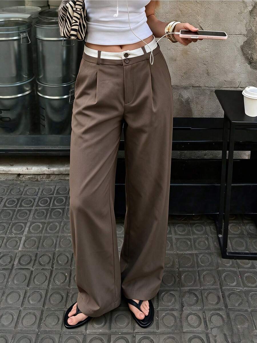 Women's Brown Fall Casual Trousers With Contrast Button Detail – Suitable For Daily Wear, Outings, And Work,Autumn Outfit For Women, Dress Trousers - Brown - View 1