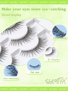7 Pairs Natural Long Cat Eye False Eyelashes, Flared Tail 3D Voluminous Faux Lashes - Black - View 7