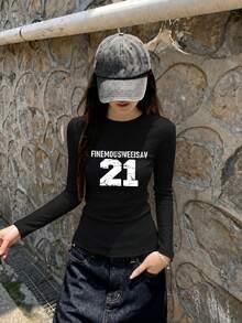 Early Autumn Black Slim Fit Flattering Y2K Long Sleeve T-Shirt For Women, Minimalist Letter Print Design Unique Top - Black - View 4