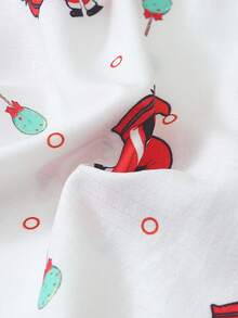 2pcs/Set Comfortable Santa Claus Candy Print Short Sleeve Collared Top And Bow Shorts Women's Pajama Set - White - View 8