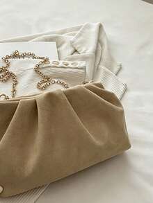 Women's Solid Color Gold Chain Strap Ruched Design Crossbody Shoulder Evening Clutch Bag, Elegant Style, Suitable For Party And Daily Wear, All Season - Khaki - View 4