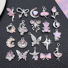 5/20pcs Silvery Plated Pink Rhinestone Charms Ballerina Fairy Butterfly Bear Moon Star Bow Shell Pendant For DIY Necklace Earring Jewelry Making - Pink - View 2