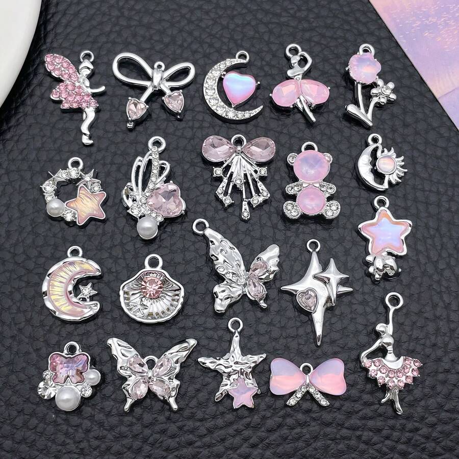 5/20pcs Silvery Plated Pink Rhinestone Charms Ballerina Fairy Butterfly Bear Moon Star Bow Shell Pendant For DIY Necklace Earring Jewelry Making