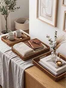 Rectangular Imitation Rattan Serving Tray Set, Hand Woven Wicker Storage Tray With Cutout Handles, Multipurpose Organizer For Kitchen Coffee Table, Farmhouse Boho Home Decor - Coffee Brown - View 3