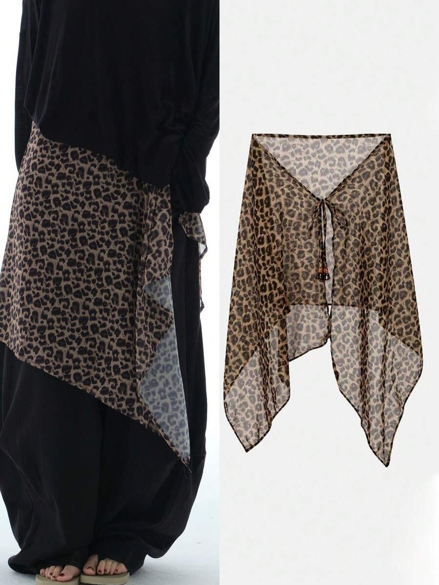 Y2K Vintage Leopard Print Waist Skirt, Asymmetrical Lace-Up Layered Apron Decor, Women's Street Style Sheer Wrap Accessory - Multicolor - View 1
