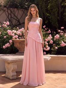 UNITHORSE Women's Pleated Cinching Waist Jacquard Chiffon Evening Dress - Pink - View 6