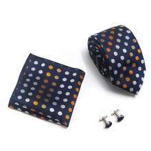 AlanKing 3pcs Men's Striped & Polka Dot Tie, Pocket Square, Cufflinks Set, Suitable For Business, Work, Family Gatherings - Color Mixing - View 7