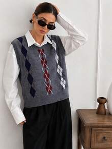 Women's Vertical Striped Argyle Jacquard Knit Vest, Round Neck Sleeveless Sweater Fall - Grey - View 3