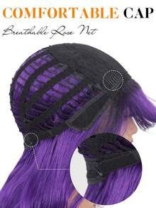 26 Inch Dark Purple Long Wavy Wig With Bangs For Women Heat Resistant Synthetic Fiber, Trimmable Bangs, Natural Wavy Wig Lightweight For Daily Wear, Cosplay, Parties, Festivals, And Halloween - Multicolor - View 9