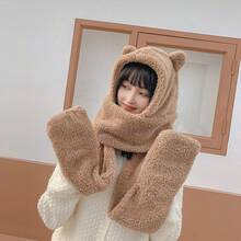 1pc Bear Ear Hat 3 Pieces Set, Thickened Warm Double-Layer Cold-Proof Cute Hat, One-Piece Hat, Solid Color Polyester (Polyester) Fine Fleece - A - View 3