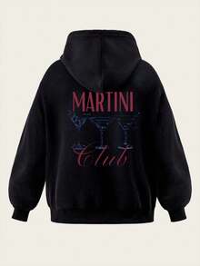 Warm Lined Casual Hooded Sweatshirt With Drawstring And Drop Shoulder Long Sleeves - Black - View 5