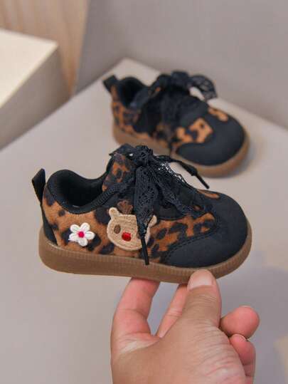 Leopard Print Deer Embroidery Toddler Walking Shoes Lace-Up Soft Sole Baby Shoes