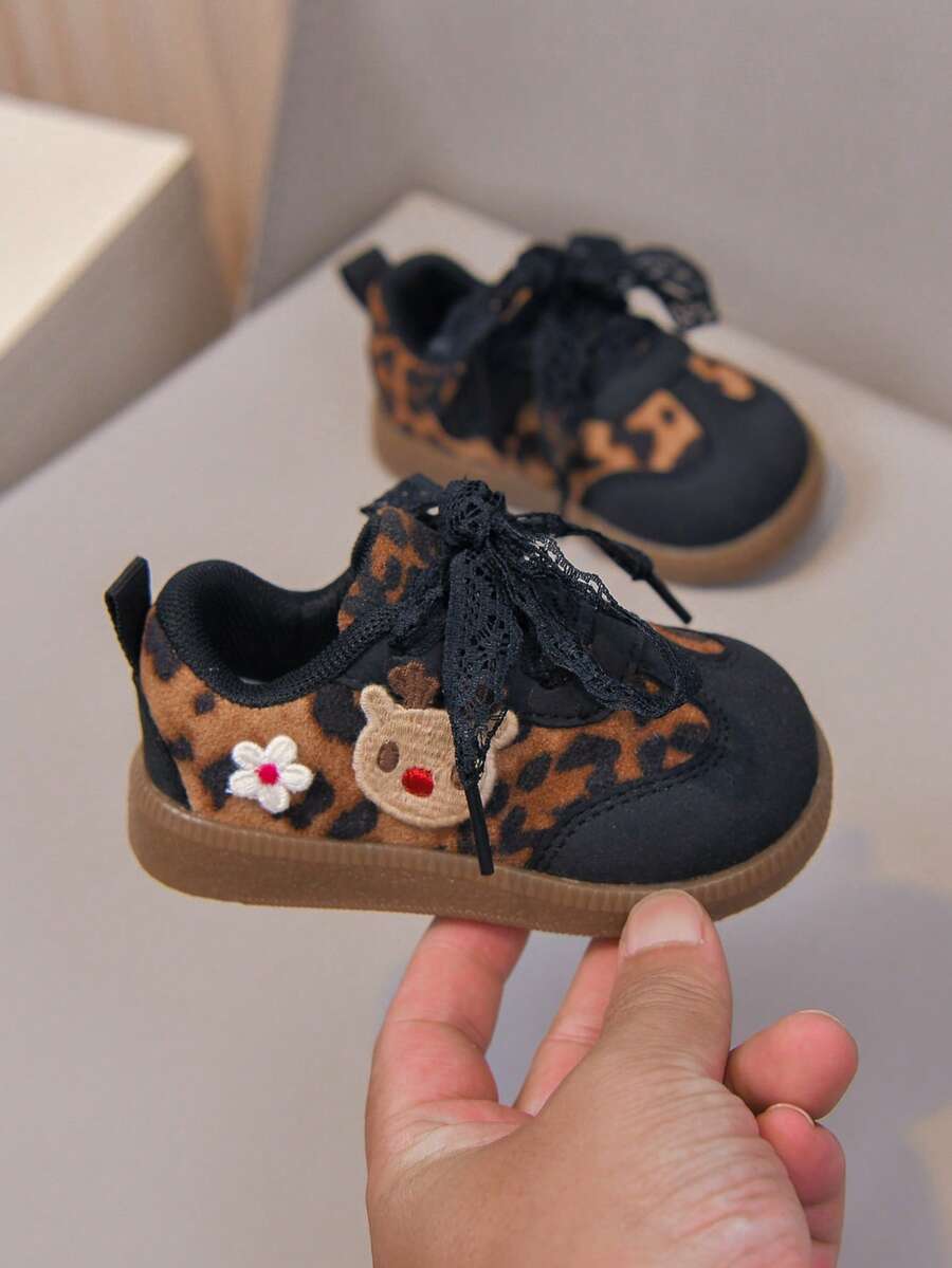 Leopard Print Deer Embroidery Toddler Walking Shoes Lace-Up Soft Sole Baby Shoes - Black - View 1