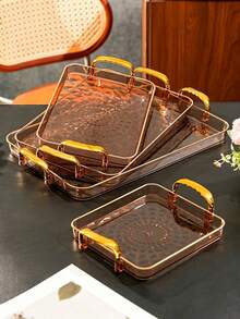 Tray, Gold Thickened Transparent PET Rectangular Tray With Handles, Plastic Storage Tray, Suitable For Tea Cups, Water Cups, Gold Rim Style - Amber - View 11