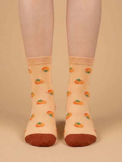 1 Pair Women's Mid-Calf Socks, Couple Socks, Unisex Long Socks, All-Season Regular Thickness, Cute Jacquard Casual Light Sports Socks, Fashionable Versatile Colorful Food Animal Vegetable Pattern