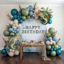 105pcs "Let's Go Fishing" Balloon Arch Decoration Set - Blue And Green Fisherman Theme Party Decor, Includes Bass Foil Balloons And Fishing Net, Suitable For 1st Birthday, Baby Shower, Retirement Party And More - View 1