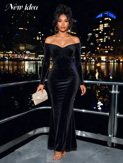 NEW IDEA Women Sexy Elegant Black Fall Winter Maxi Dress, Off Shoulder Long Sleeve Velvet Mermaid Gown For Night Out, Formal Dinner, Cocktail & Party