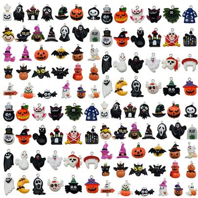 10/20/24pcs Halloween Resin Charms Random Mixed Pumpkin Ghost Witch Skull Bat Castle 3D Pendant For DIY Bracelet Necklace Jewelry Making Findings
