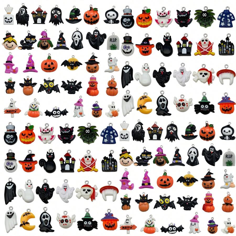 10/20/24pcs Halloween Resin Charms Random Mixed Pumpkin Ghost Witch Skull Bat Castle 3D Pendant For DIY Bracelet Necklace Jewelry Making Findings - Multicolor - View 1