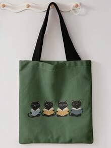 1pc Reading Black Cat Print Shoulder Tote,Large Capacity For Books,Groceries & Daily Beach Travel School Use.For Students, Great Daily Bag Or Gift - Multicolor - View 3