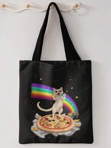 1pc Reading Black Cat Print Shoulder Tote,Large Capacity For Books,Groceries & Daily Beach Travel School Use.For Students, Great Daily Bag Or Gift - Multicolor - View 11