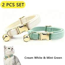 2pcs Cream + Mint Green Soft Velvet Cat Collar With Gold Bell Metal Buckle, Adjustable Size Comfortable Wear, Universal For Cats And Small Dogs Pet Neck Collar Accessory, St. Patrick's Day, Easter - Cream White & Mint Green - View 8