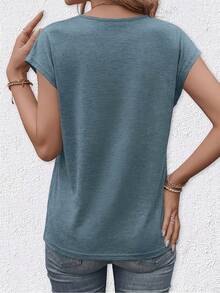 Plus Size Women's Casual V-Neck Button Front Short Sleeve Top, Autumn Knit Basic T-Shirt - Dark Blue - View 3