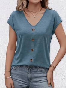 Plus Size Women's Casual V-Neck Button Front Short Sleeve Top, Autumn Knit Basic T-Shirt - Dark Blue - View 2