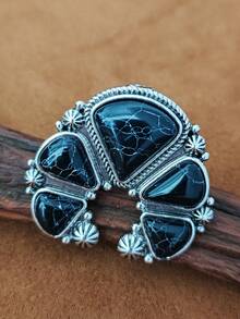 1pc Half Moon Shaped Ring, European & American Western , Multi-Color Cracked Faux Turquoise Inlay, Distressed Silver-Tone, Vintage Adjustable Open Band Women's Large Ring - Ring - View 13