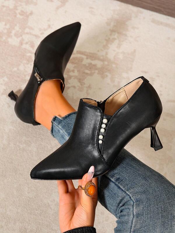Black High Heel Shoes Women Autumn Elegant Lady Pearl Deep Cut Pumps Thin Heel Ankle Boots French Style Ankle Boots