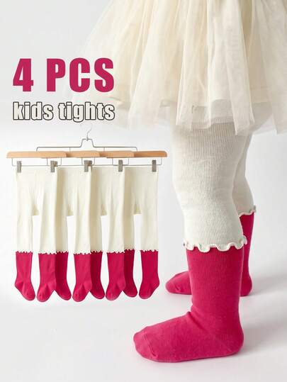 4 Pairs Toddler Kids Girls Ruffle Cuff Color Block Tights High Stretch Breathable Moderate Thickness Daily Wear Leggings