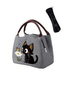 Aesthetic Striped Insulated Lunch Bag, Black Cat & Leaf Pattern, Lightweight Canvas Lunch Box, Large Capacity, Suitable For Work, School, Picnic, Travel, Hiking - Multicolor - View 12