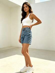 Shorts de mezclilla para mujer de cintura alta, lavado desgastado, corte holgado, shorts vaqueros cómodos, ideal para verano, disimula caderas anchas, ropa casual urbana - Azul lavado oscuro - Ver 6