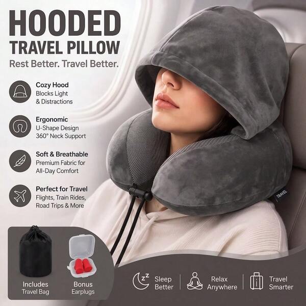 U-Shaped Travel Pillow With Hood - Adjustable, Portable Neck Support Fit For Airplane & Home Use, Medium Soft, Washable Cover  Travel Neck Pillow With Hood For Privacy On Long Flights