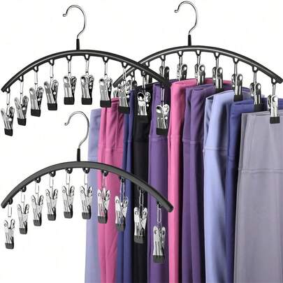 3 Pack Metal Yoga Pants Hangers With 30 Rubber‑Coated Clips, Holds Up To 30 Pairs Of Leggings, Space‑Saving Hanging Closet Storage Organizer, Multi‑Purpose Hanger For Pants, Tights And Workout Wear, Black