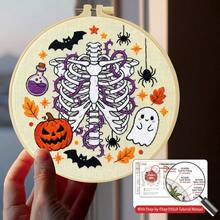 1PC 15*15cm/5.9*5.9in 20*20cm/7.9*7.9in, Halloween Skeleton Embroidery Kit, DIY Handmade Embroidery Set For Adult Beginners, Home Gift, Women's Sewing Gift, Including User Manual, Printed Pattern Fabric, Embroidery Frame, Needle And Thread. - Halloween Skeleton - View 2