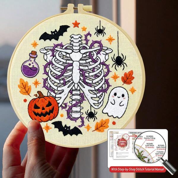 1 Stück 15*15cm/5,9*5,9in 20*20cm/7,9*7,9in, Halloween Skelett Stickerei Set, DIY handgemachtes Stickerei Set für erwachsene Anfänger, Heimgeschenk, Geschenk für Frauen zum Nähen, inklusive Bedienungsanleitung, bedruckter Stoff, Stickrahmen, Nadel und Faden.