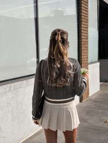Atasan Wanita Lengan Panjang Kasual Berkerah V Rajut Kabel Model Pendek dengan Trim Garis-garis Warna Abu-abu untuk Musim Gugur - Grey - View 6