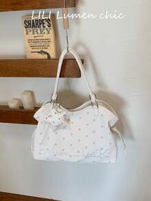 Polka Dot Print Tote Bag With Star Charm, Large Capacity Storage, Adjustable Drawstring, Sweet Casual Style, Handheld And Shoulder Carry, Suitable For School, Commute, Shopping, Travel, Daily Use, Fresh Atmosphere, Easy To Match With Various Outfits, Practical And Stylish - White - View 9