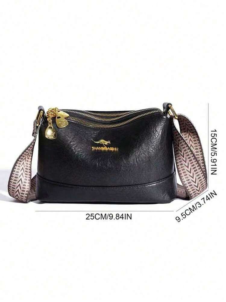 Dedoo Women's Vintage Crossbody Shoulder Bag, Wrinkled PU Material, Kangaroo Metal Logo, Wide Woven Strap, Horse-Shaped Pendant, Soft Handbag, Suitable For Daily Commute, Shopping And Travel - Black - View 6