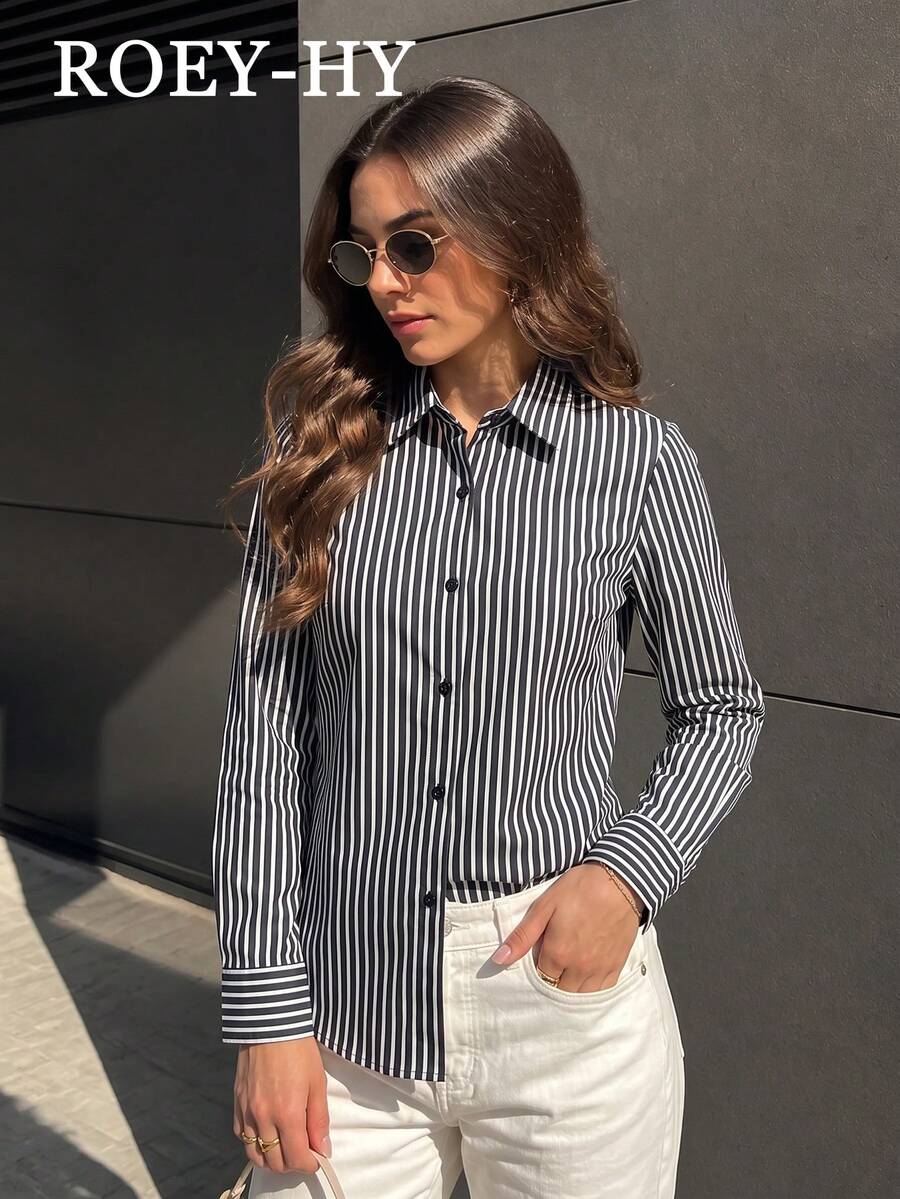 1pc Women's Classic Vertical Striped Collared Shirt, Smooth Drape Slim Fit Long Sleeve Commuter Blouse, Flattering Versatile All-Match Top For Light Office Wear, Casual Daily Spring/Autumn Layering - Blue - View 1
