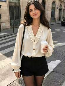 Women's V-Neck Solid Color Ruffle Blouse, French Elegant Long Sleeve Pullover Top, Autumn/Winter Daily Commute Outfit - Apricot - View 1