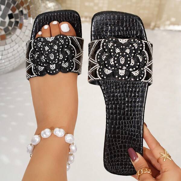 Women's Rhinestone Flower Embellished Metal Carved Geometric Pattern Square Toe Single Strap Flat Slide Sandals