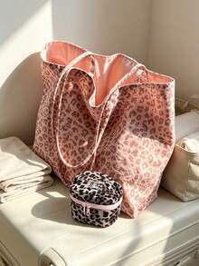 Tas Bahu Motif Pink/Macan Tutul Dua Sisi, Satu Tas dengan Dua Gaya Pemakaian, Versi Tote Kapasitas Besar, Termasuk Tas Penyimpanan - MultiWarna - View 1