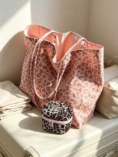 Bolso de hombro disponible en rosa/estampado de leopardo de doble cara, un bolso con dos estilos de vestir, versión tote de gran capacidad, con bolsa de almacenamiento incluida